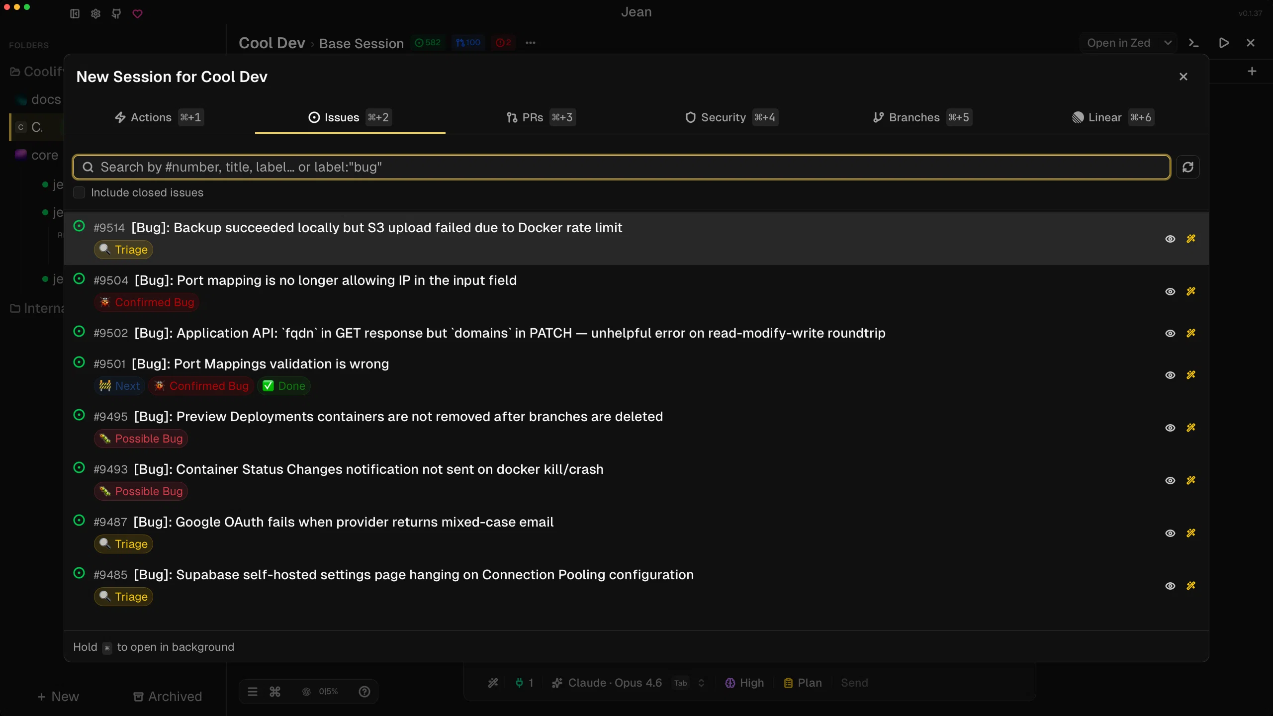 Jean new-session issue picker in dark mode