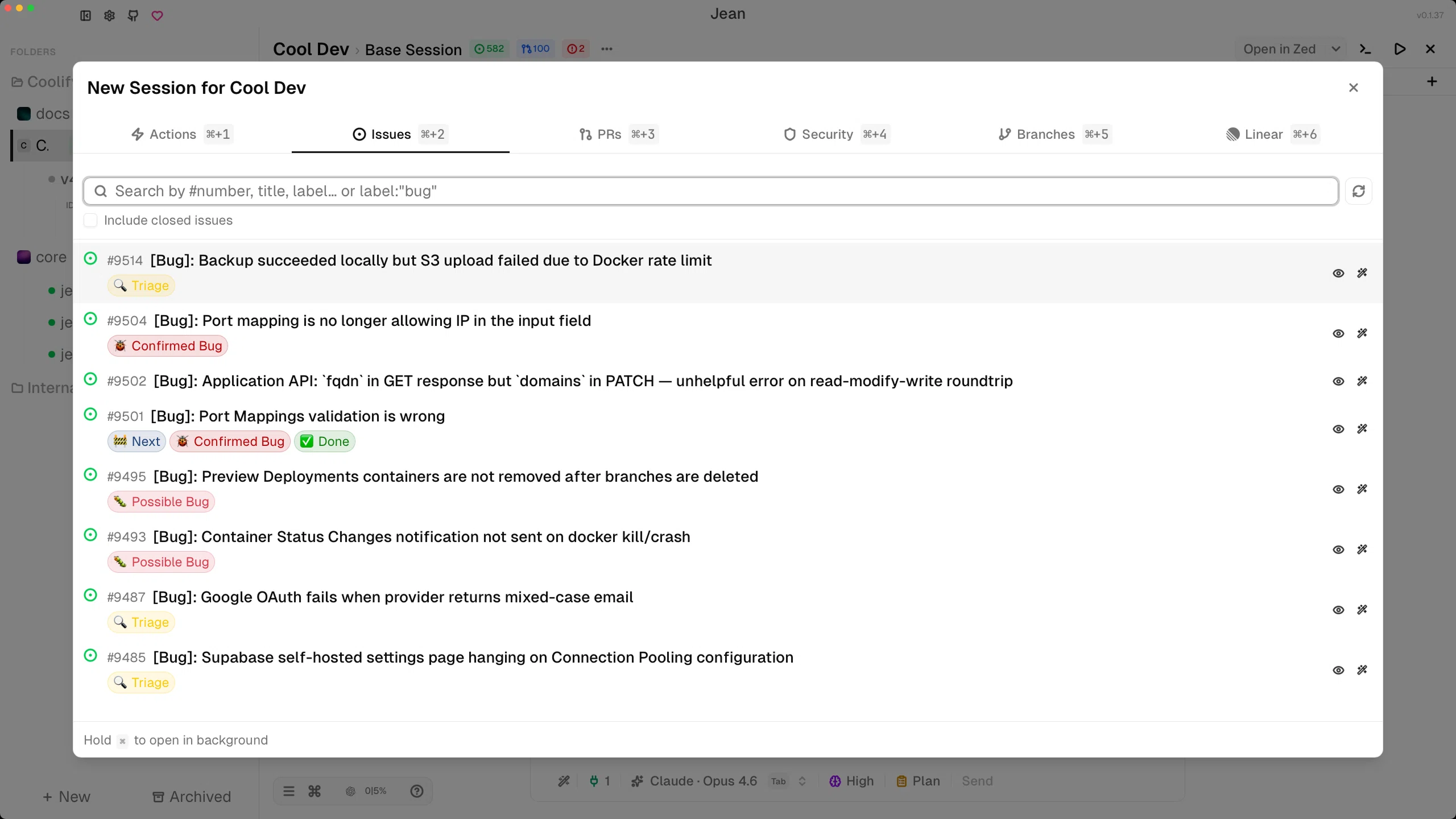 Jean new-session issue picker in light mode