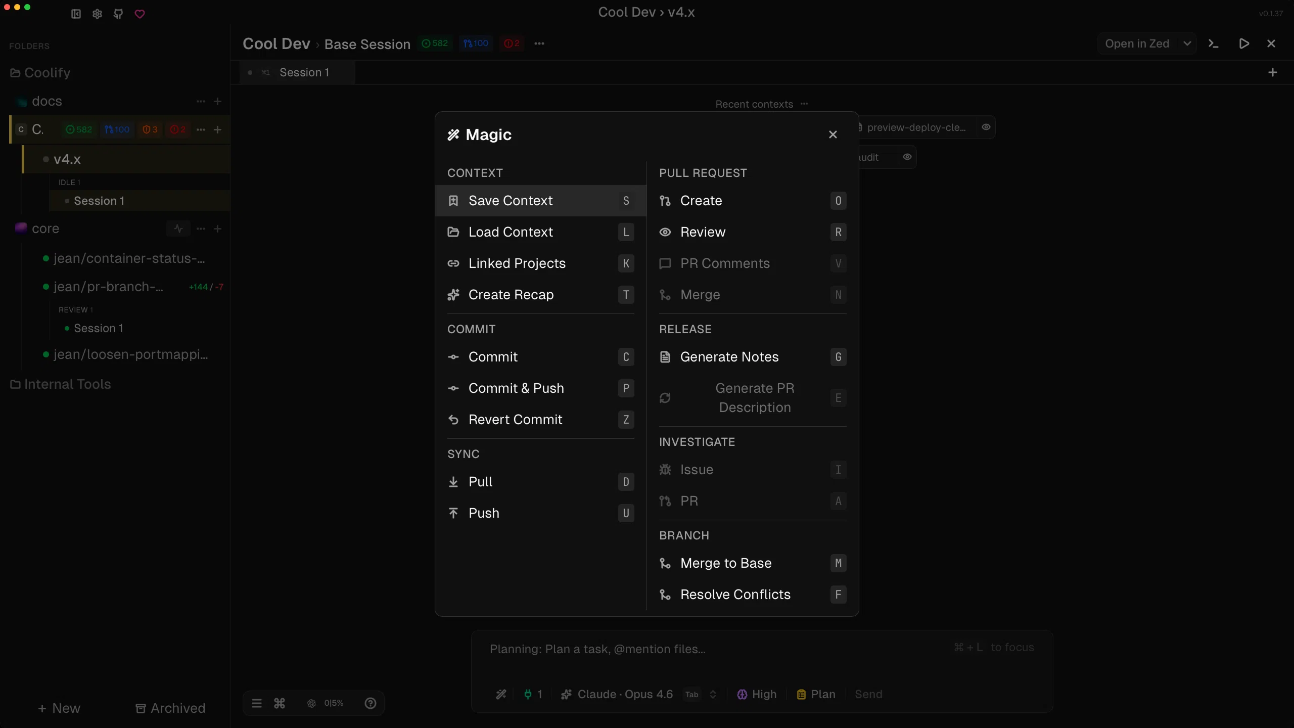 Jean Magic actions menu in dark mode