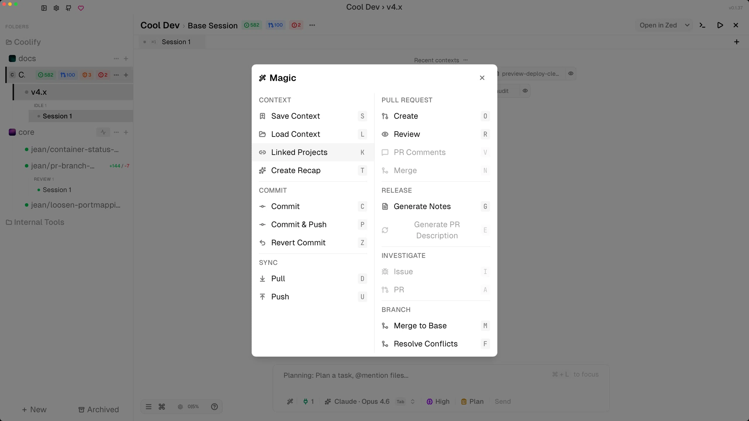 Jean Magic actions menu in light mode