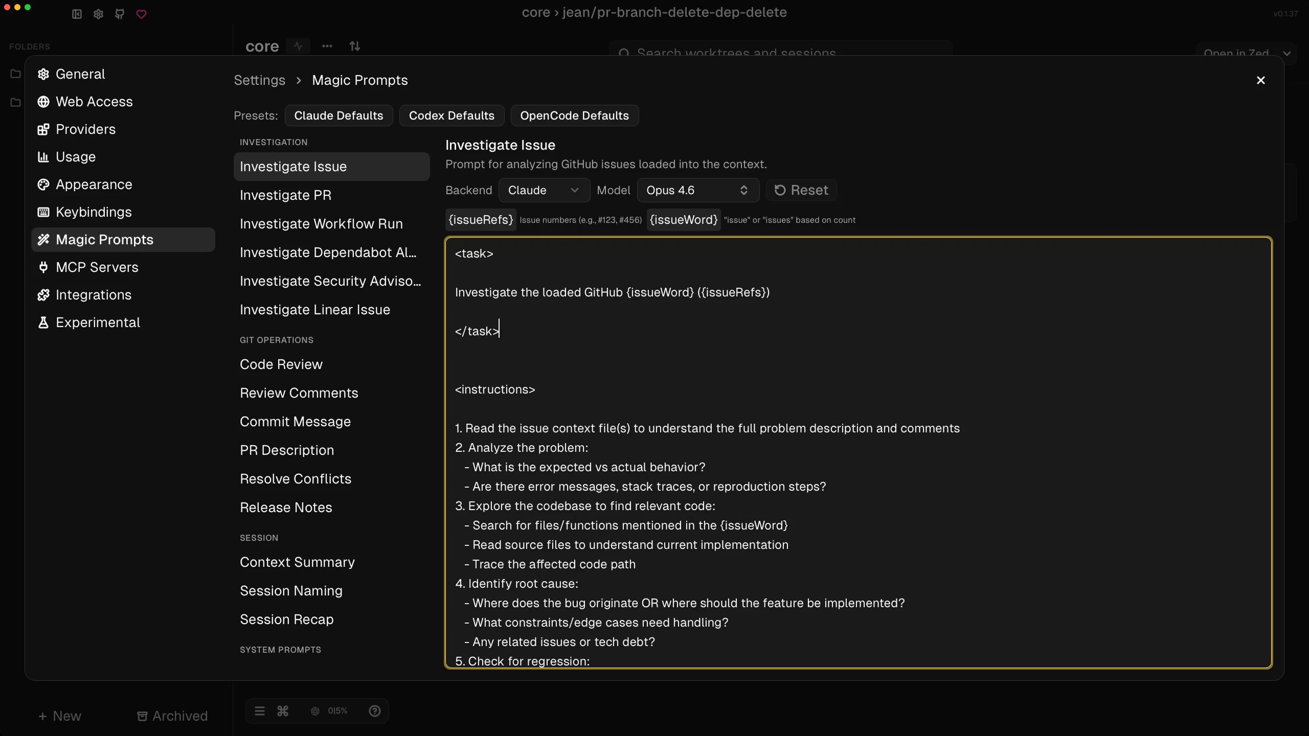 Jean magic prompts settings in dark mode