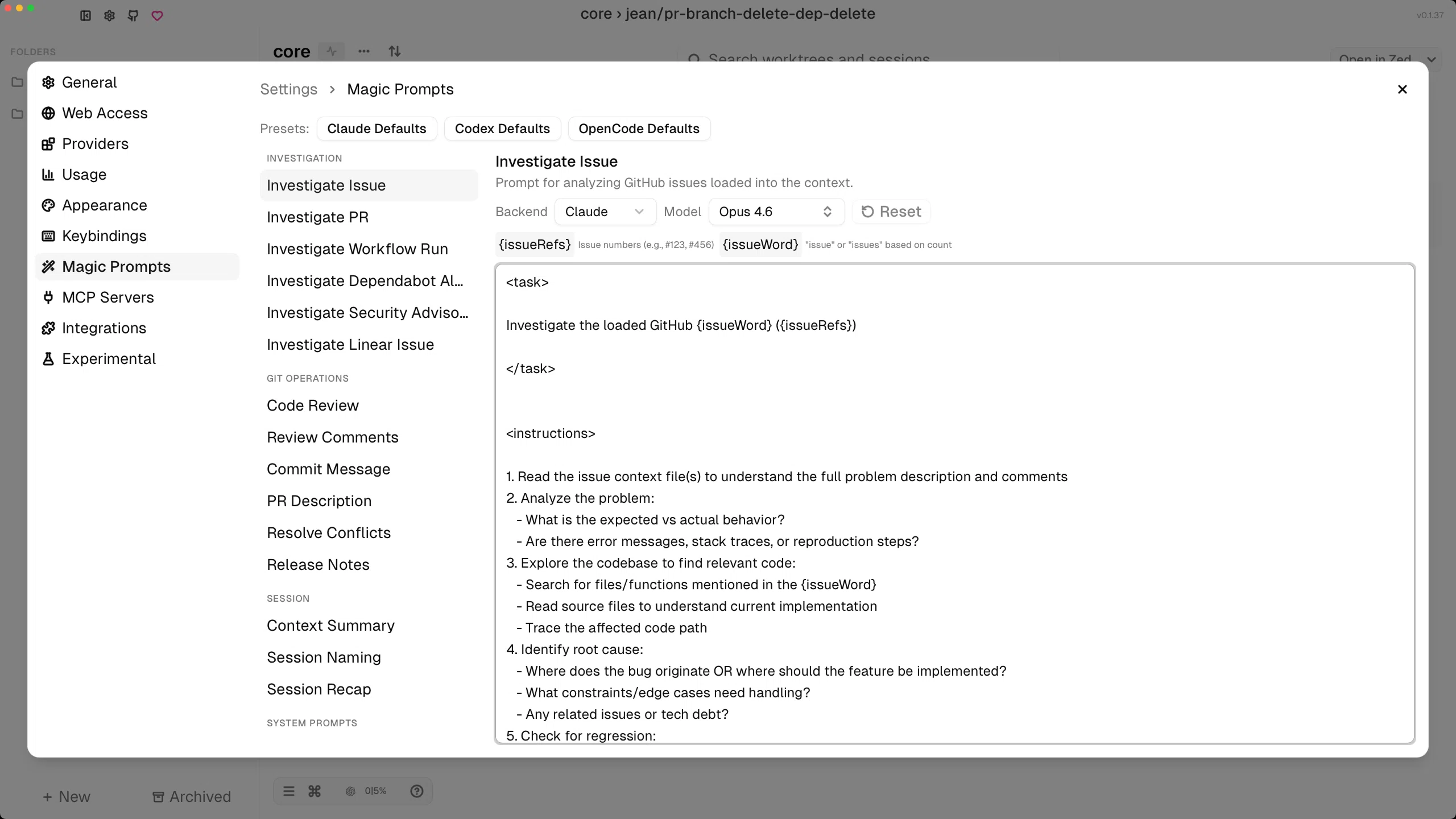 Jean magic prompts settings in light mode