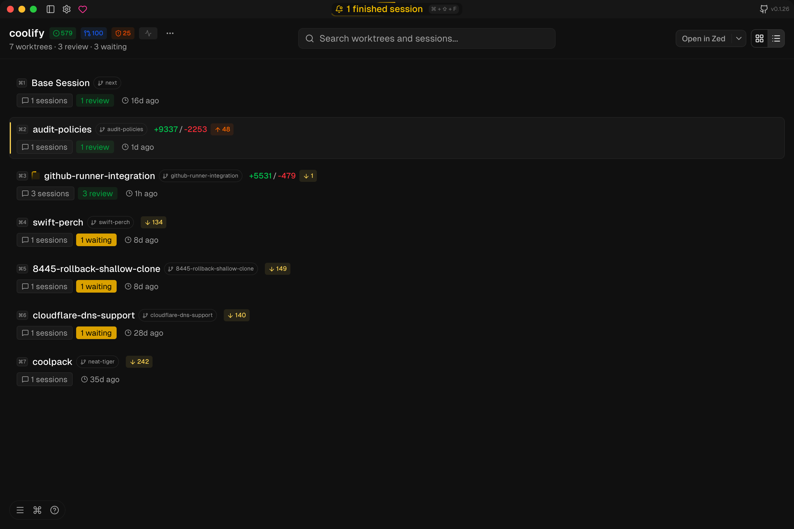 Project overview with worktrees, sessions, and review status