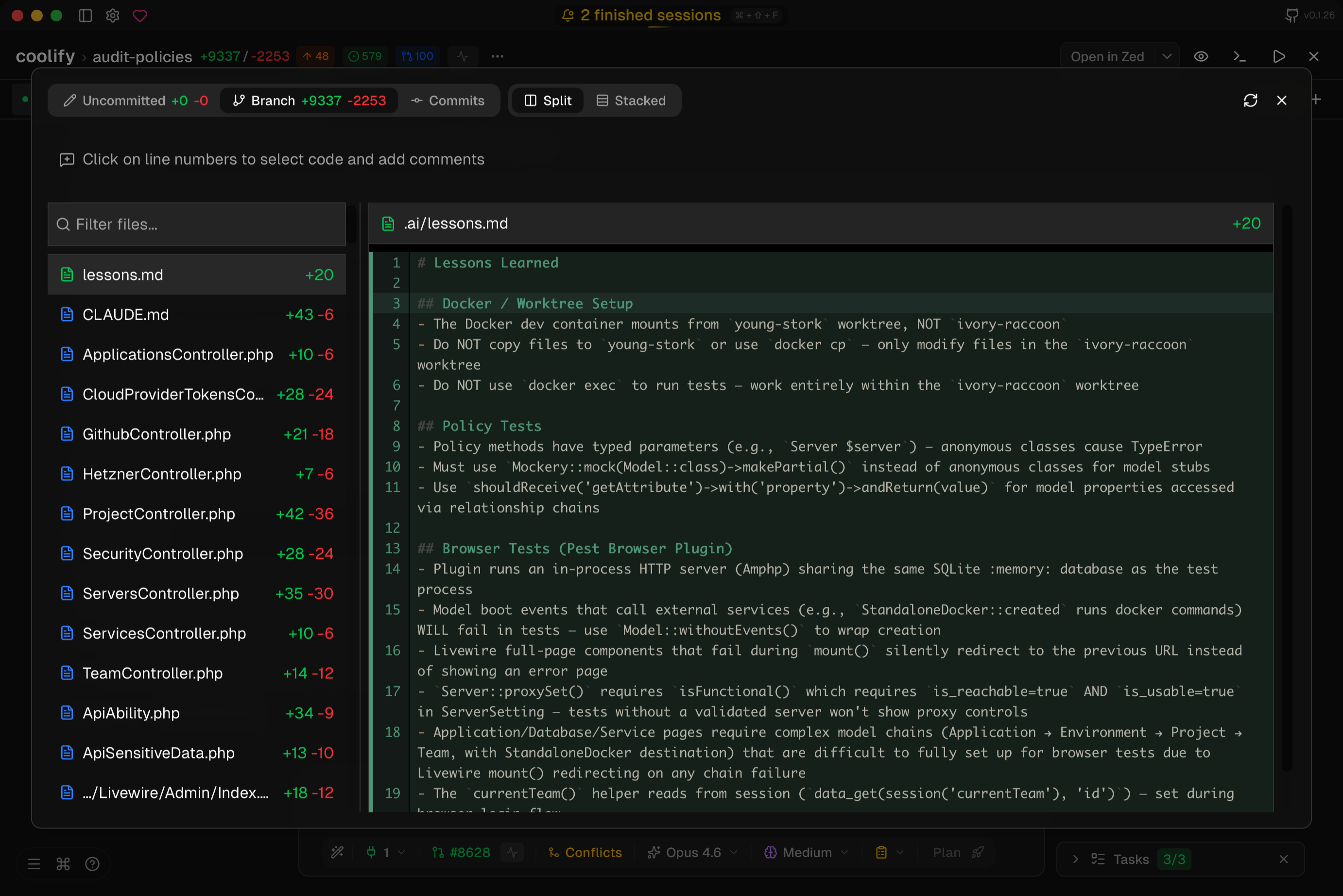 Code review with uncommitted changes and diff view