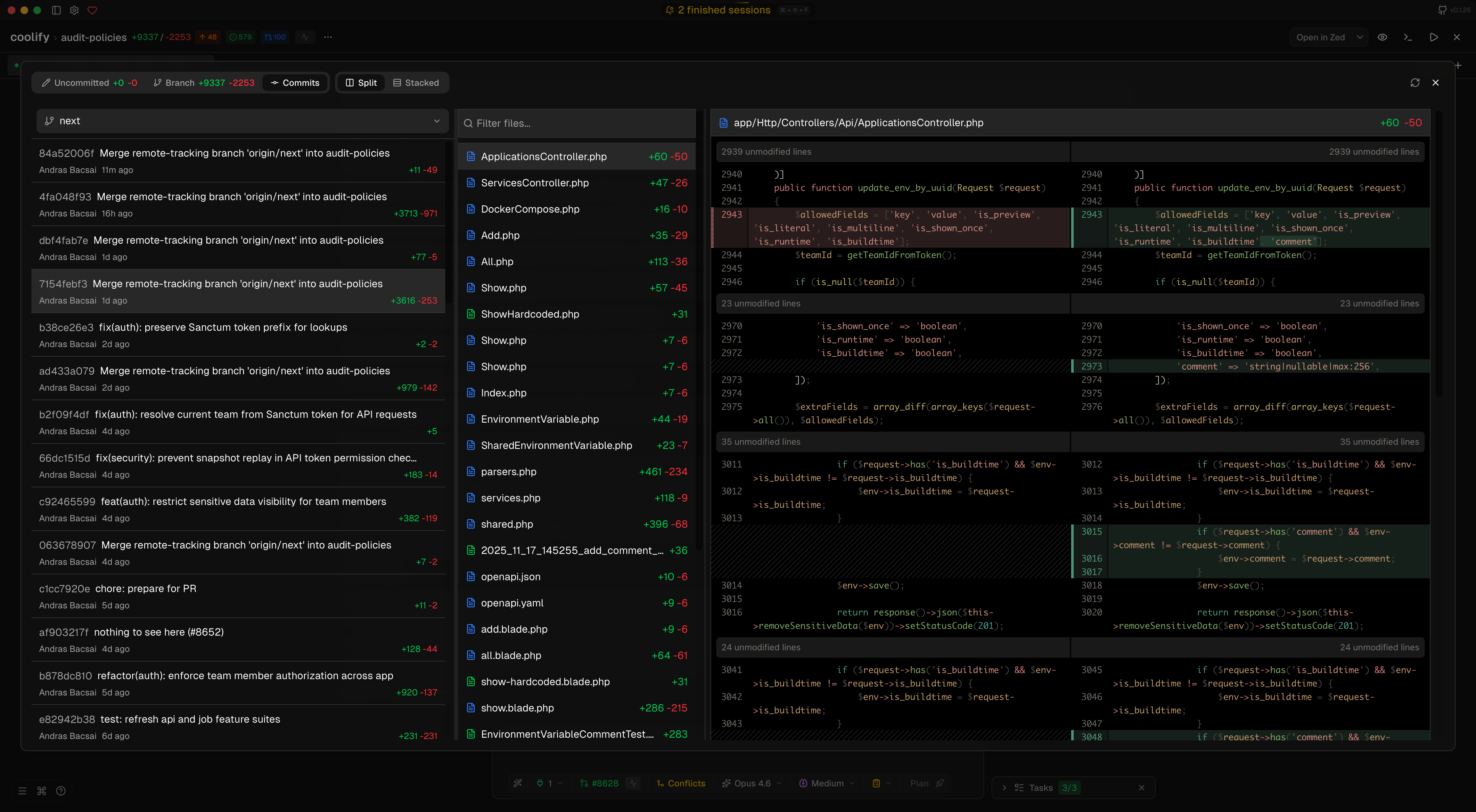 Commit history with file changes and code diff