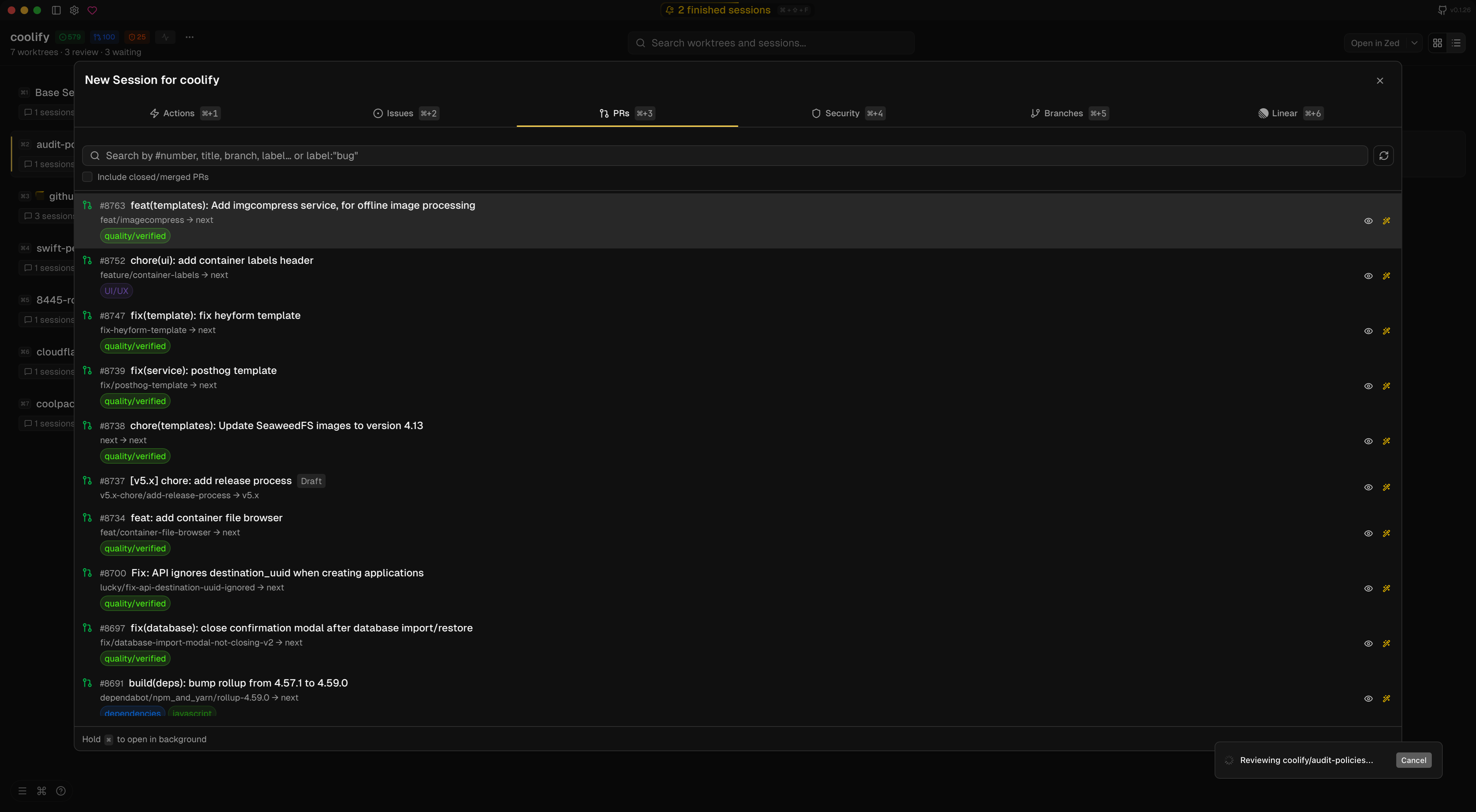 New session dialog with PR list and context loading