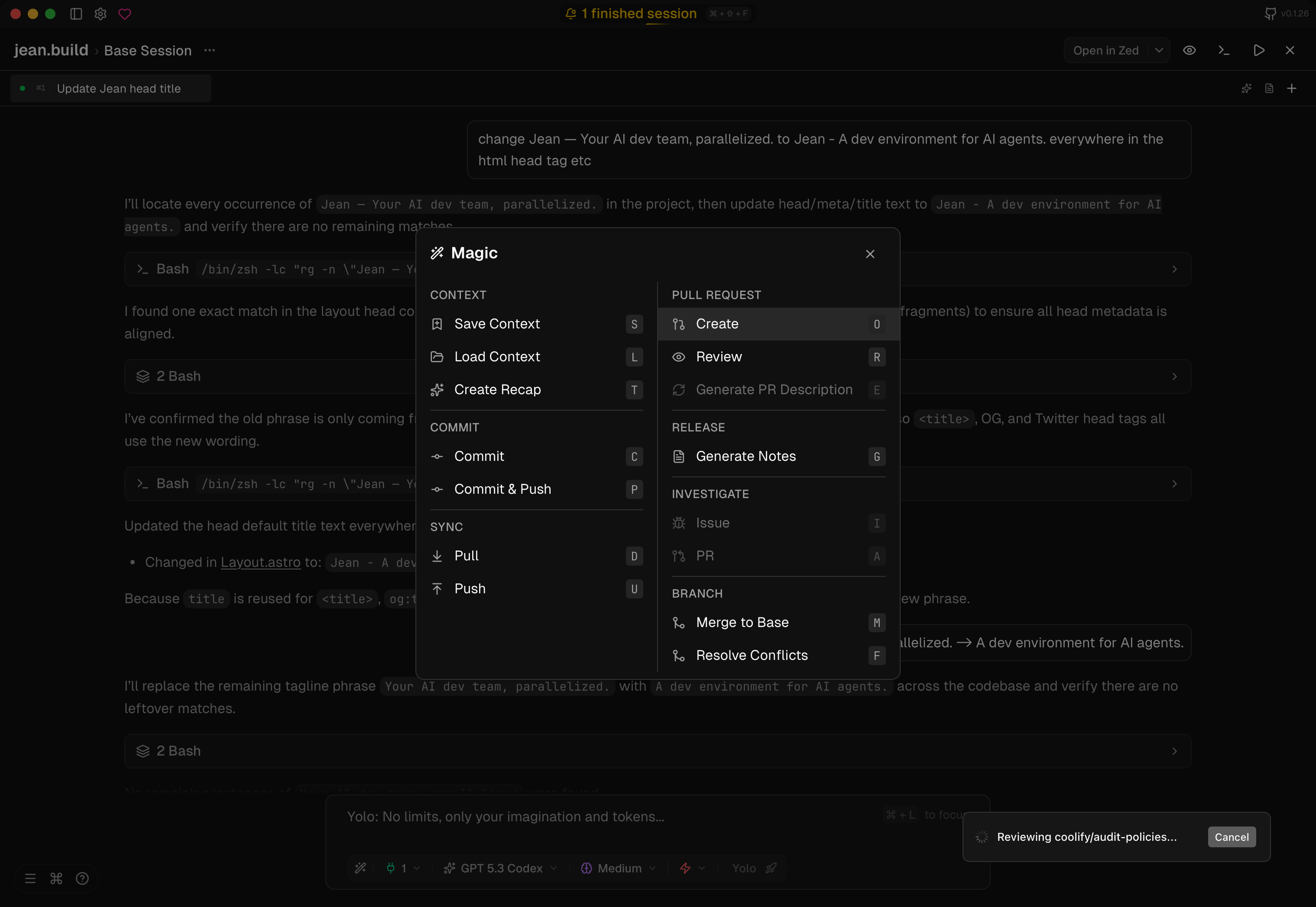 Magic commands palette for git operations